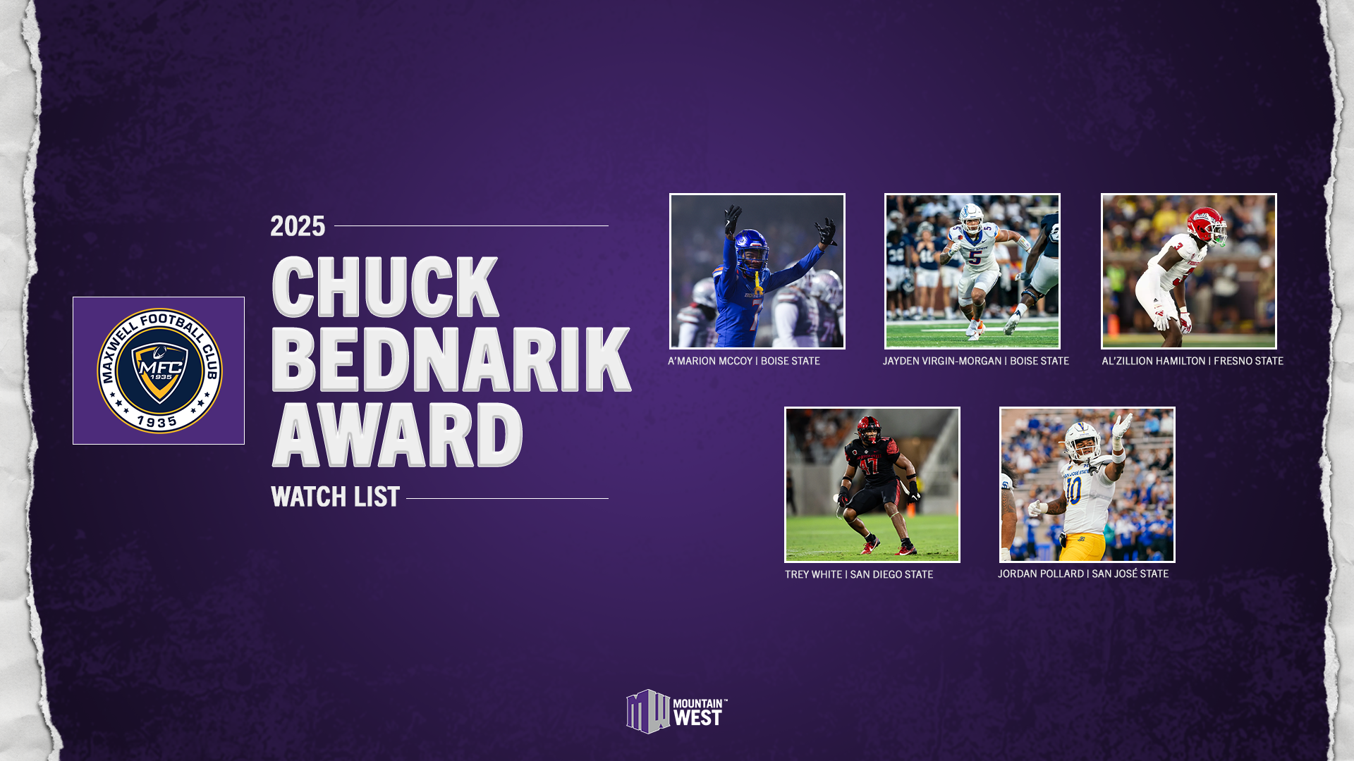 Five MW Football Players 2025 Bednarik Award Watch List