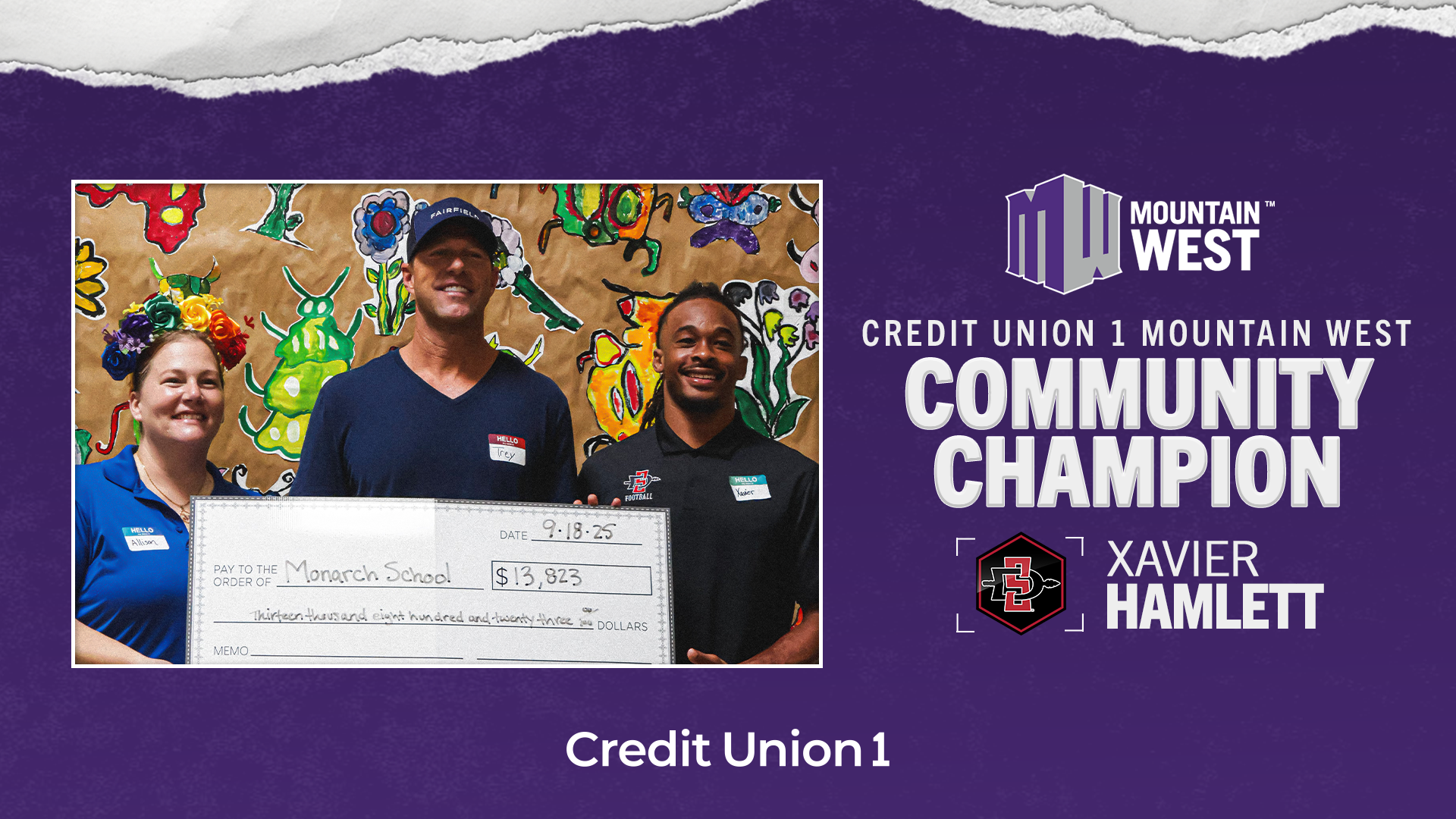 San Diego State's Xavier Hamlett Named Credit Union 1 Community Champion