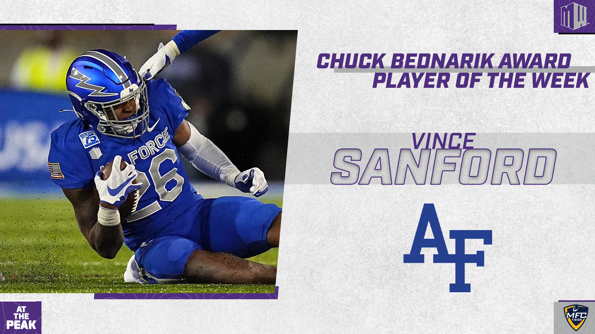 Air Force's Vince Sanford Named Chuck Bednarik Award Player of the Week